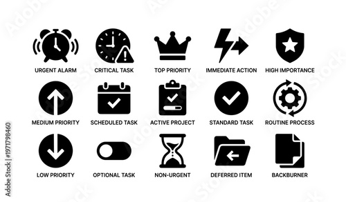 Essential task management icons: urgent, priority, action, routine, process