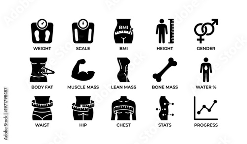 Health measurement icons - bmi, weight, body fat, muscle mass, bone mass, water percentage