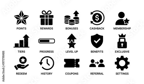Icons representing rewards, membership, progress, and exclusive benefits
