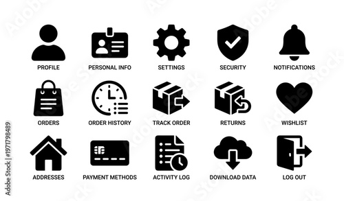 User interface icons set for profile, security, notifications, orders, and data management