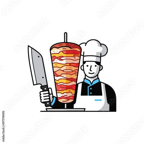 Chef with Rotisserie Skewer of Doner Meat.