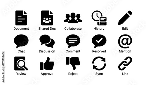 Document management and collaboration icons set with communication and editing symbols