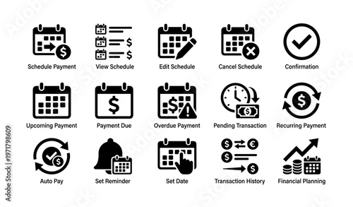 Financial management icons for payment scheduling and planning