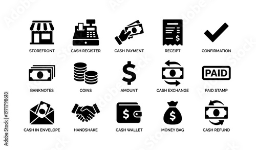 Cash transactions icons: payment, exchange, refund, receipt, finance