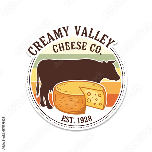 Creamy Valley Cheese Cow Logo Cheese Wheel and Cow Illustration.