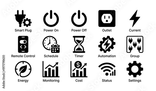 Smart home automation icons: energy control and monitoring symbols