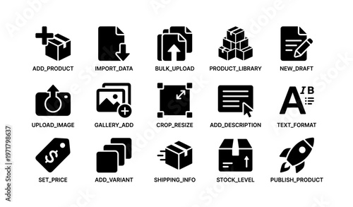 E-commerce icons: product management and publishing tools for online business