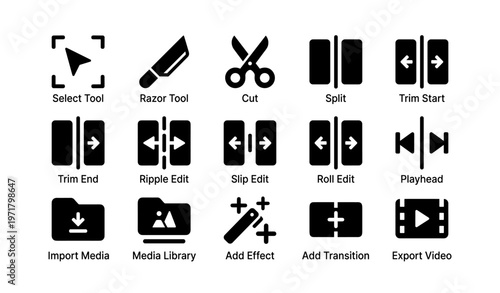 Video editing icons set: tools for cutting, trimming, importing, and exporting
