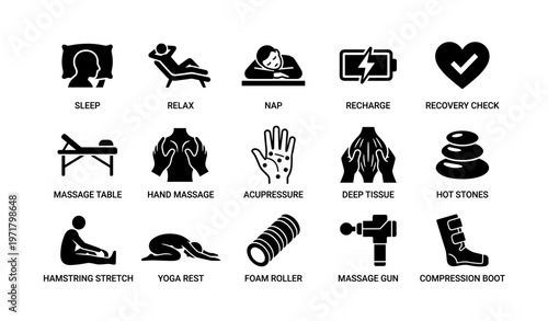 Icons representing various relaxation and recovery methods and tools