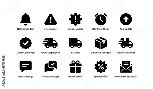 Set of black delivery and notification icons on white background