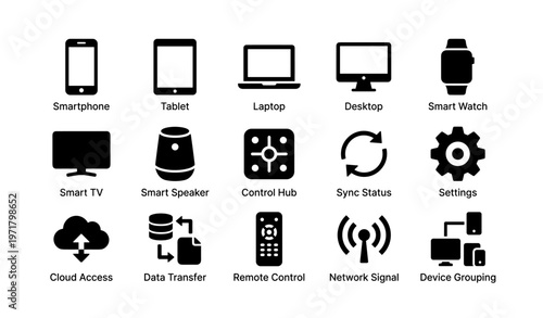 Electronic device icons: smartphone, tablet, laptop, desktop, smart watch, smart tv, and more
