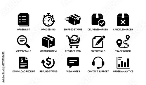 Order management and tracking icons including processing and shipping
