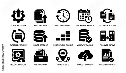 Backup and recovery icons set: restore, schedule, replication, and more