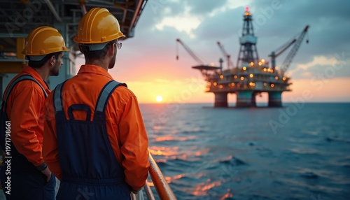Two men in orange workwear and hard hats watch an offshore oil rig at sunset. Workers oversee operations at sea as dusk falls over the ocean. Industrial landscape shows energy production.