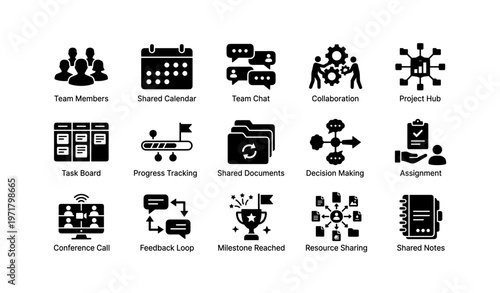 Collaboration and project management icons for team productivity and resource sharing