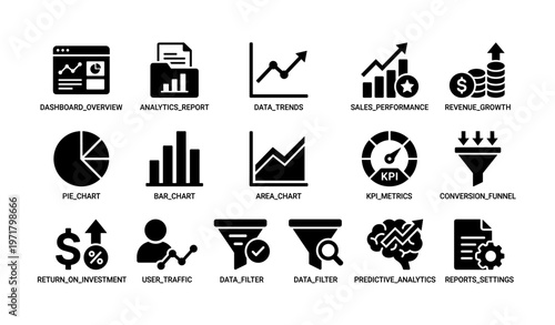 Analytics and performance dashboard icons for data analysis and business strategy