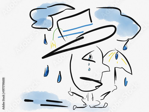 Un homme court sous la pluie avec un parapluie.