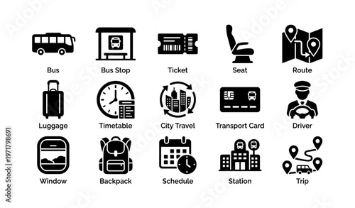 Transportation icons set featuring bus, ticket, travel essentials, and city navigation elements