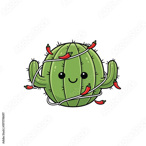Cute Cartoon Cactus Wrapped In String Ornaments.