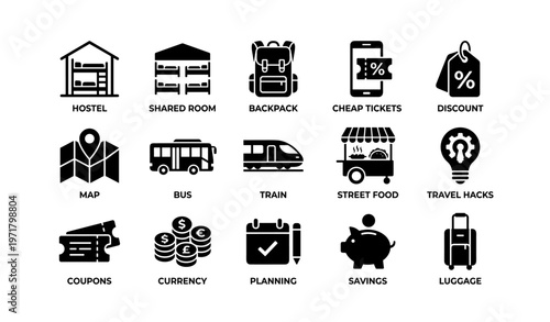 Travel and budget icons: hostel, transport, discounts, and savings