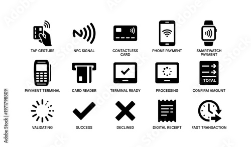Contactless payment icons: tap gesture, nfc, smartwatch, card reader, fast transaction