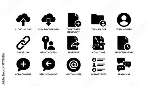 Cloud storage and collaboration icons: upload, download, document, team, chat