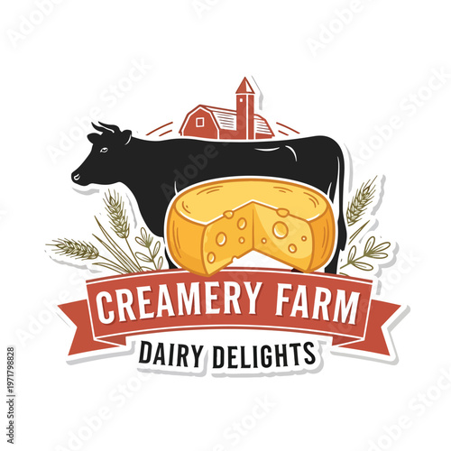 Dairy Farm Logo Featuring Cow and Cheese.
