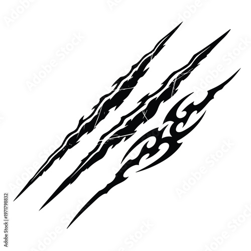 Black tribal claw mark decals with abstract flame elements, suggesting aggressive styling for a car bonnet, presented against a clean white background with sharp contrast