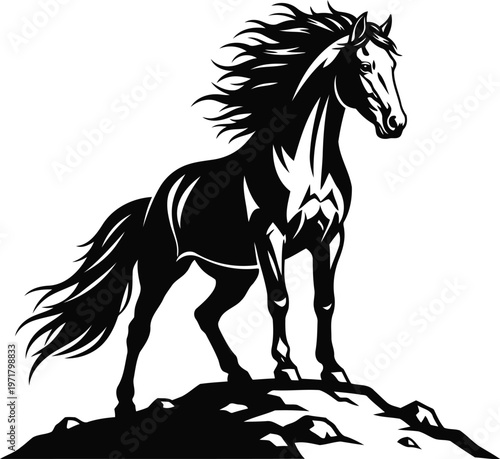 Black horse standing on a rocky hilltop in a dynamic pose