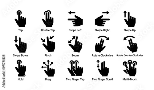 Touchscreen gesture icons: tap, swipe, pinch, zoom, rotate for digital interfaces