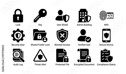 Cybersecurity icons: lock, key, user shield, admin building, mfa, security gear
