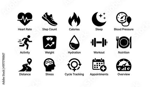 Health and fitness icons: heart rate, step count, calories, sleep, blood pressure