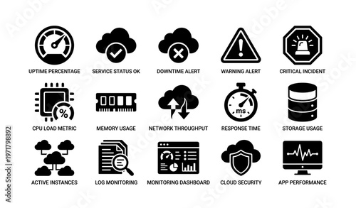 Cloud and network monitoring icons for performance and security metrics