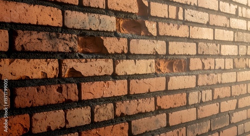 Old weathered brick wall with missing bricks and strong sunlight showing texture