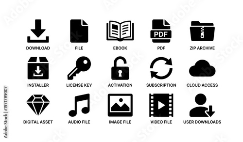 Digital resource icons: download, file, ebook, pdf, zip, key, activation, cloud, media