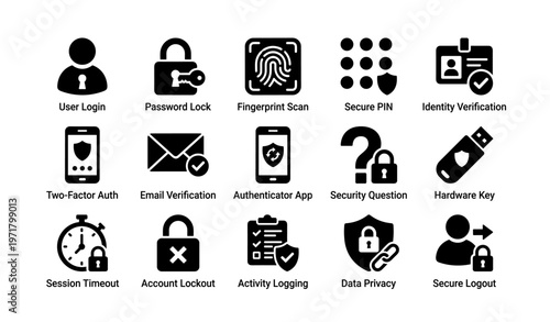 Secure authentication icons featuring biometrics and cybersecurity tools