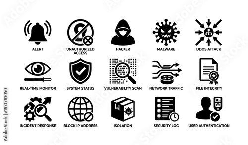 Cybersecurity icons: threats and responses illustrated in simple graphics