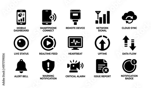 Mobile dashboard icons: tech symbols for alerts and connectivity