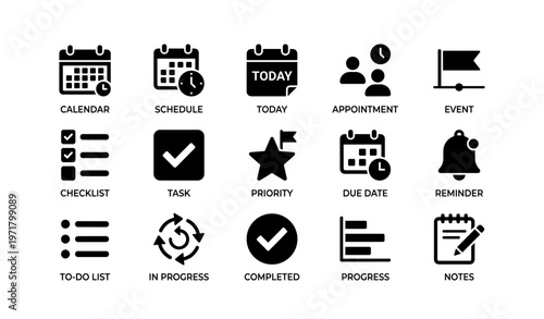 Set of calendar and task management icons for event planning and scheduling