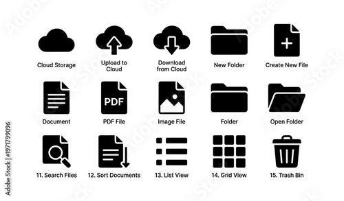 Cloud storage icons with upload download pdf image folder functions