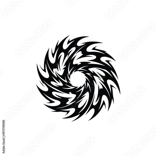 Black tribal vortex design, resembling a stylized whirlpool or abstract starburst, presented flat against a stark white background with sharp, energetic edges