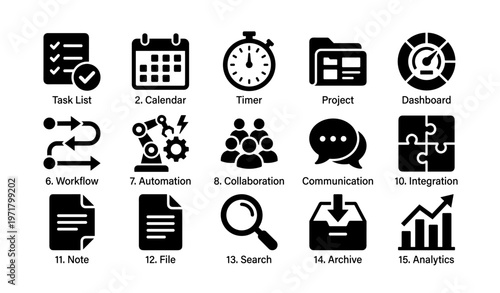 Set of business icons including task list, calendar, timer, and more