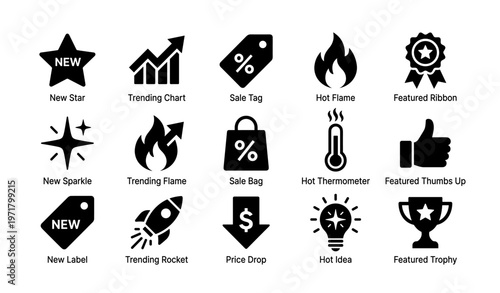 Set of 16 black icon designs including star, chart, tag, flame, ribbon, sparkle, bag, thermometer, thumbs up, rocket, price, idea, trophy