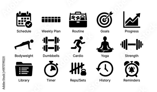 Fitness icon set: schedule, routine, goals, cardio, yoga, strength