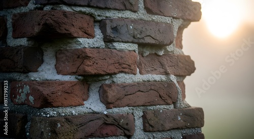Old brick wall corner at sunrise with soft morning fog and golden glowing light
