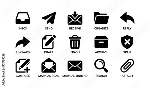 Black icons set representing email functions and operations
