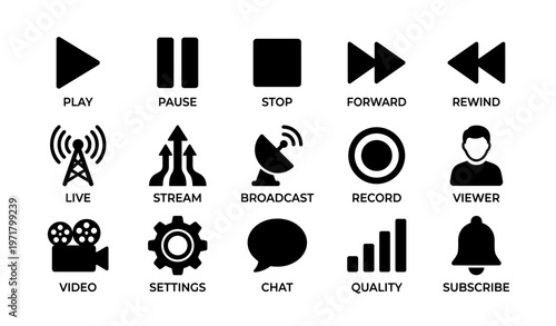 Media control icons including play pause stop forward rewind with settings and chat symbols