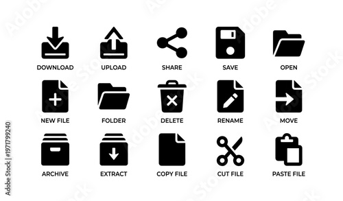 Essential computer file management icons set for digital organization