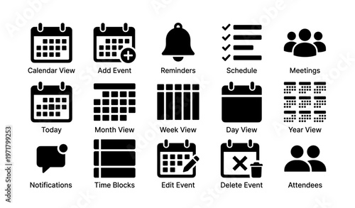 Event management icons: calendar, notifications, scheduling, reminders, meetings