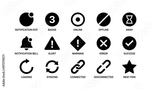 Simple black icon set for notifications and system status